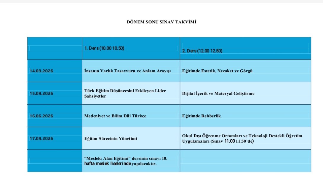 Dönem Sonu Sınav Takvimi.